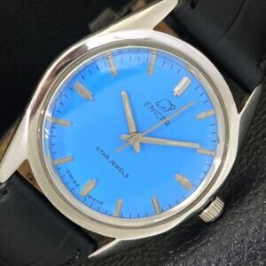 Vintage 1971 Enicar Automatic Mens Silver Watch & Blue accents